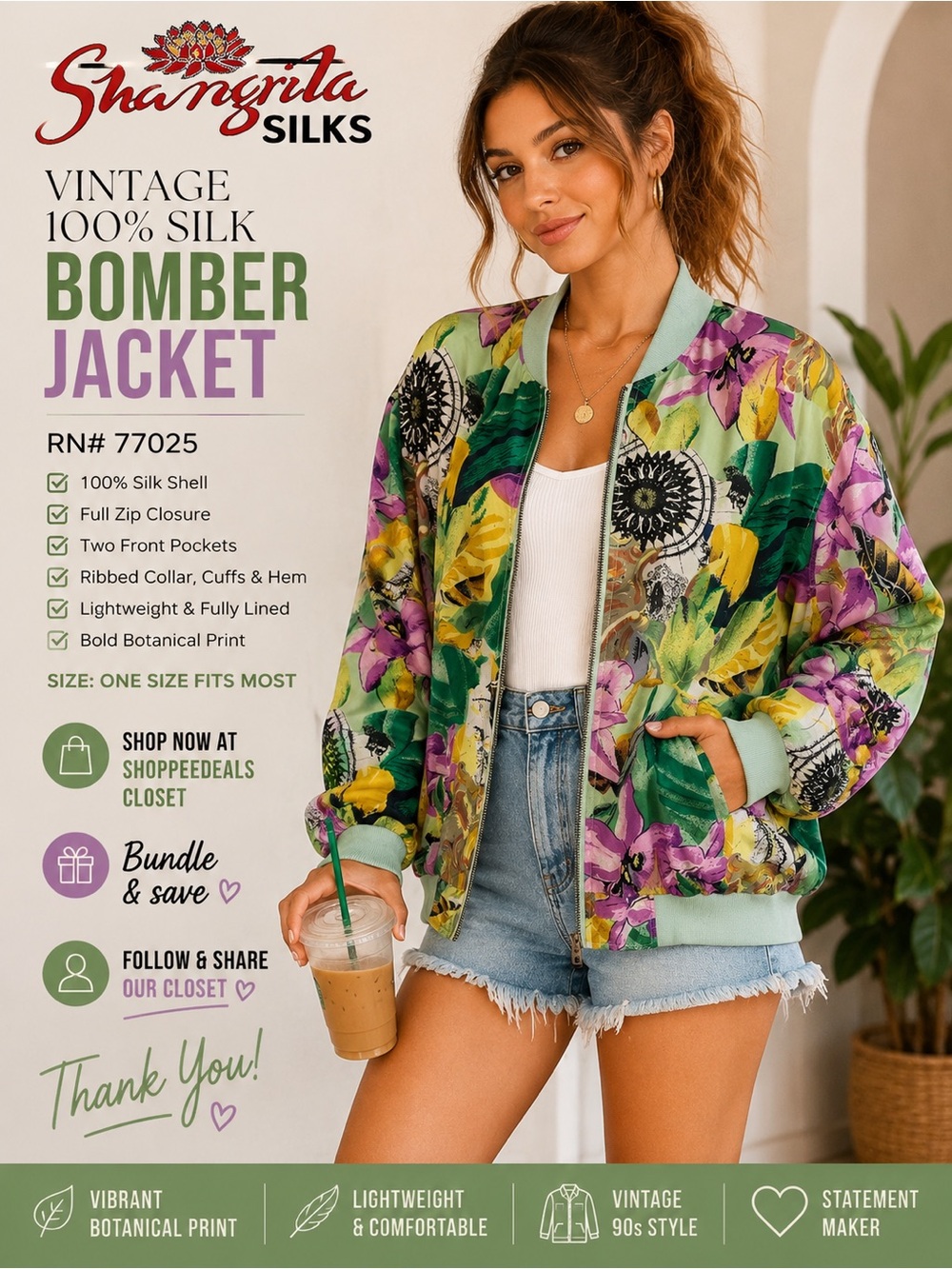 Vintage Shangrila Silks 100% Silk Floral Bomber Jacket | Zip Front | Pockets